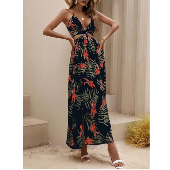 Black Boho Tropical Print Backless Maxi Dress V-Neck Floral Flared Red Green - Picture 5 of 10